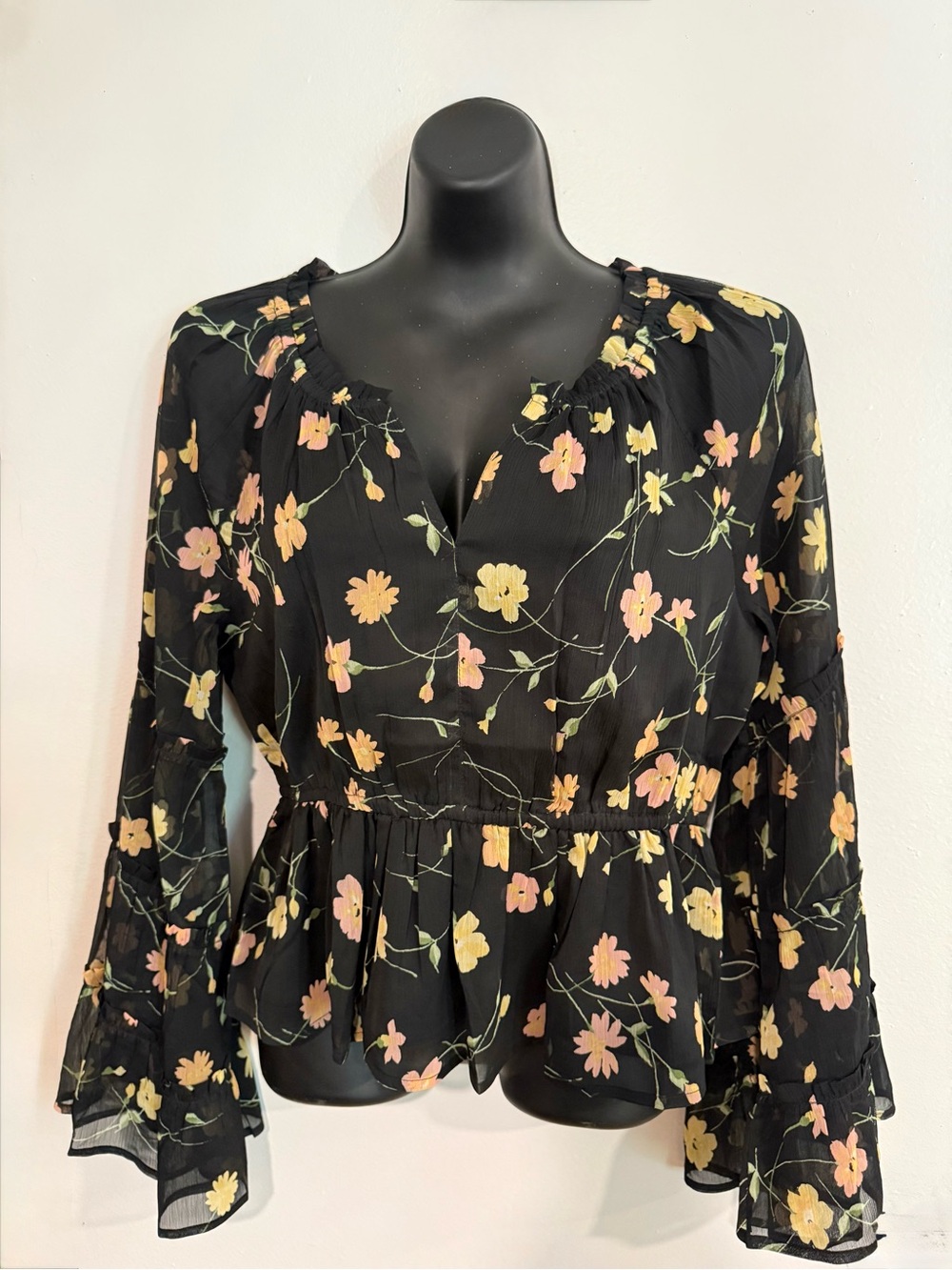 Black Floral Peplum Blouse - Women's Long Sleeve Top